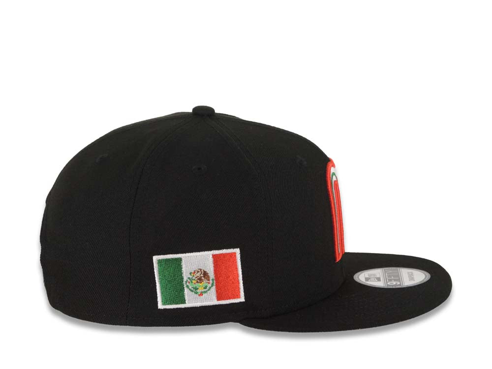 Mexico New Era WBC 9FIFTY 950 Snapback Cap Hat Black Crown/Visor Team Color Logo Mexico Flag Side Patch Gray UV