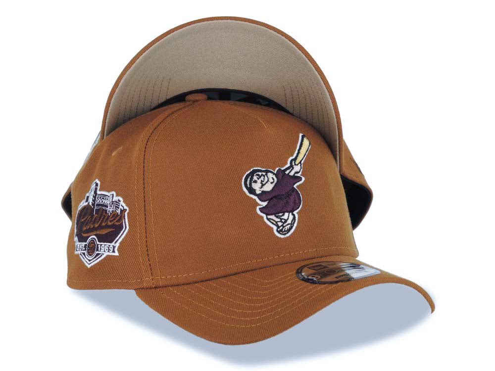 San Diego Padres New Era MLB 9FORTY 940 A-Frame Adjustable Cap Hat Brown Crown/Visor Maroon/Yellow Swinging Friar Logo Established 1969 Side Patch