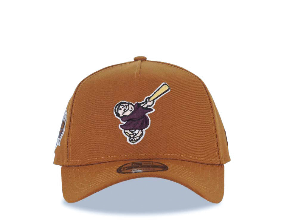 San Diego Padres New Era MLB 9FORTY 940 A-Frame Adjustable Cap Hat Brown Crown/Visor Maroon/Yellow Swinging Friar Logo Established 1969 Side Patch