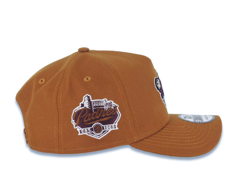San Diego Padres New Era MLB 9FORTY 940 A-Frame Adjustable Cap Hat Brown Crown/Visor Maroon/Yellow Swinging Friar Logo Established 1969 Side Patch