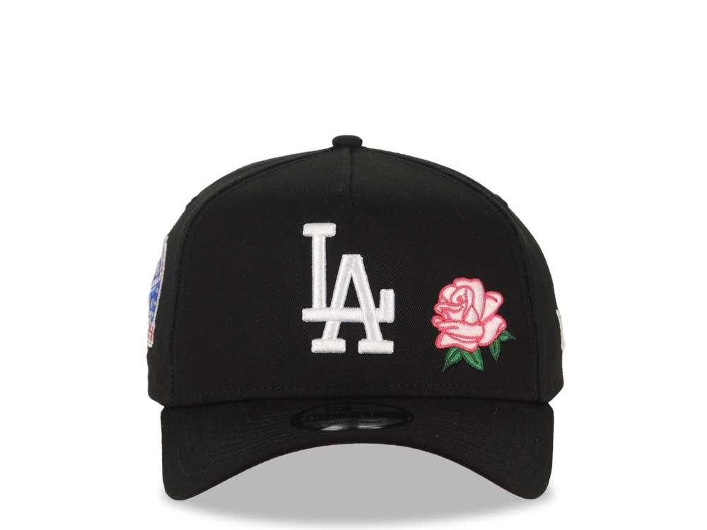 Los Angeles Dodgers New Era MLB 9FORTY 940 Adjustable A-Frame Cap Hat Black Crown/Visor White Logo With Rose 60th Anniversary Side Patch Pink UV