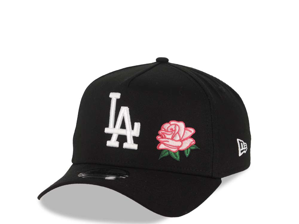 Los Angeles Dodgers New Era MLB 9FORTY 940 Adjustable A-Frame Cap Hat Black Crown/Visor White Logo With Rose 60th Anniversary Side Patch Pink UV