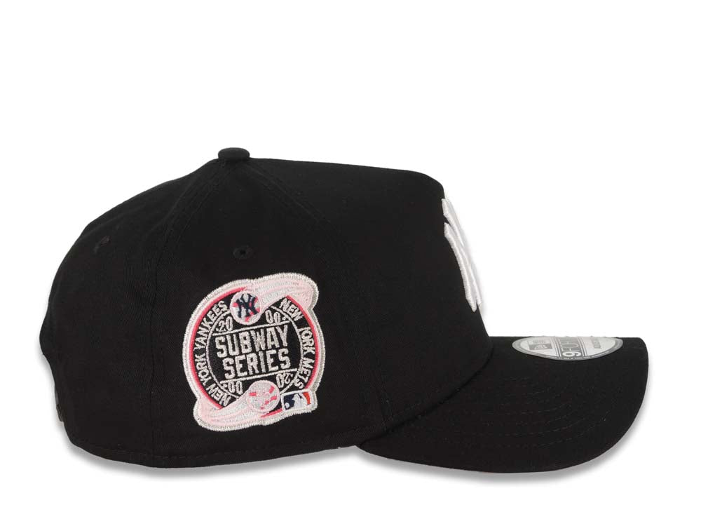 New York Yankees New Era MLB 9FORTY 940 Adjustable A-Frame Cap Hat Black Crown/Visor White Logo With Rose 2000 Subway Series Side Patch Pink UV