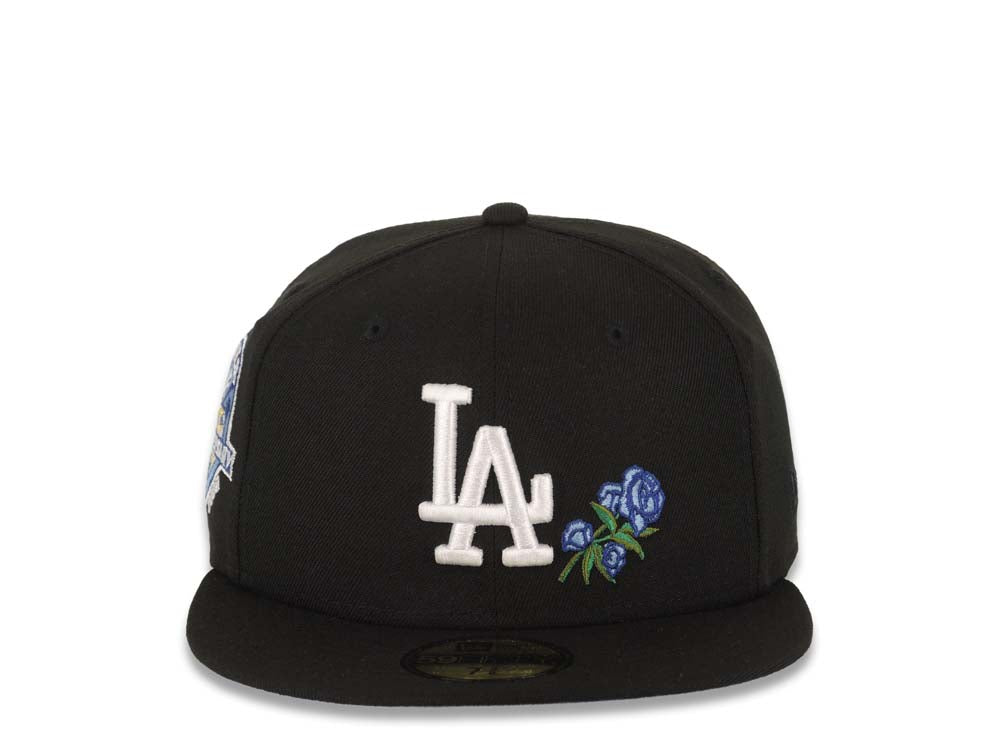 Los Angeles Dodgers New Era MLB 59FIFTY 5950 Fitted Cap Hat Black Crown/Visor White Logo With Rose 50th Anniversary Side Patch Sky Blue UV