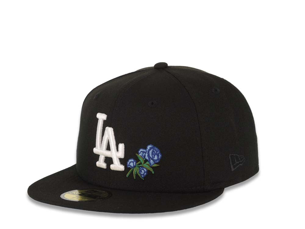 Los Angeles Dodgers New Era MLB 59FIFTY 5950 Fitted Cap Hat Black Crown/Visor White Logo With Rose 50th Anniversary Side Patch Sky Blue UV