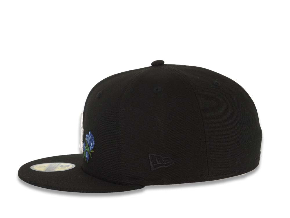 Los Angeles Dodgers New Era MLB 59FIFTY 5950 Fitted Cap Hat Black Crown/Visor White Logo With Rose 50th Anniversary Side Patch Sky Blue UV