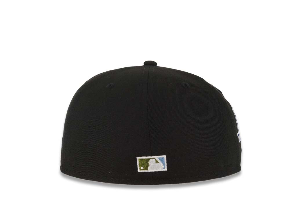 Los Angeles Dodgers New Era MLB 59FIFTY 5950 Fitted Cap Hat Black Crown/Visor White Logo With Rose 50th Anniversary Side Patch Sky Blue UV