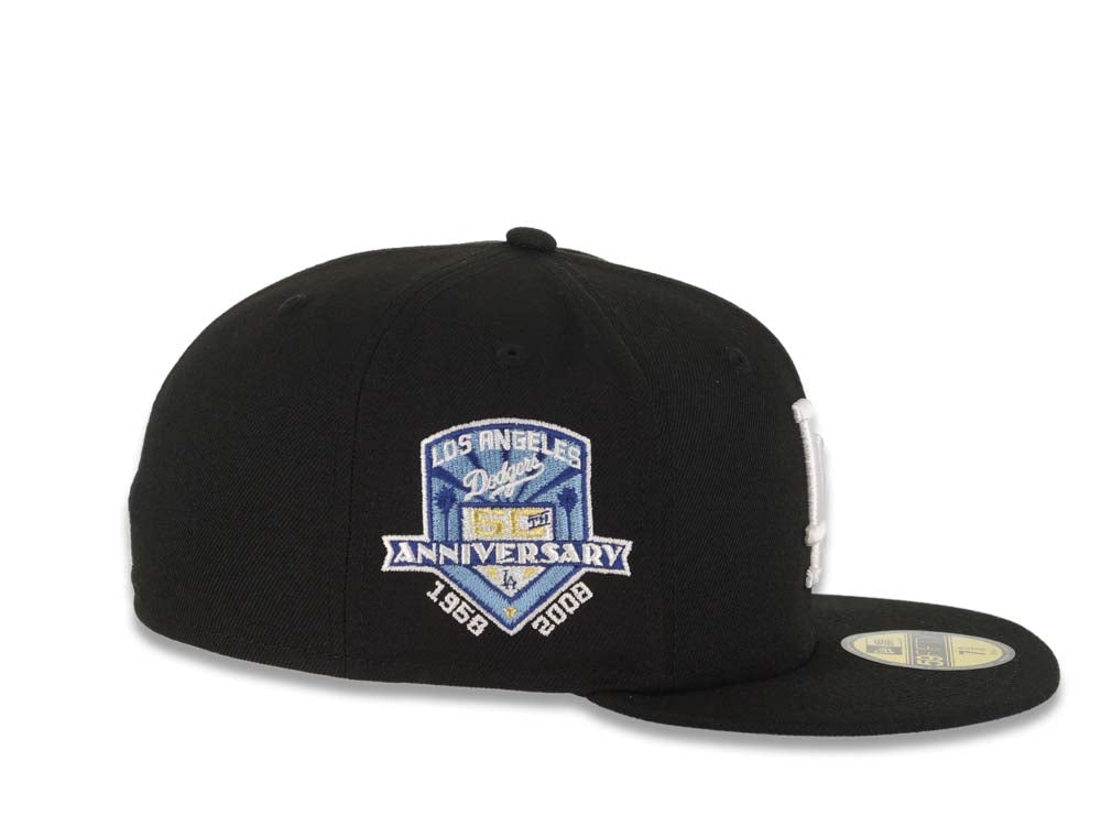 Los Angeles Dodgers New Era MLB 59FIFTY 5950 Fitted Cap Hat Black Crown/Visor White Logo With Rose 50th Anniversary Side Patch Sky Blue UV