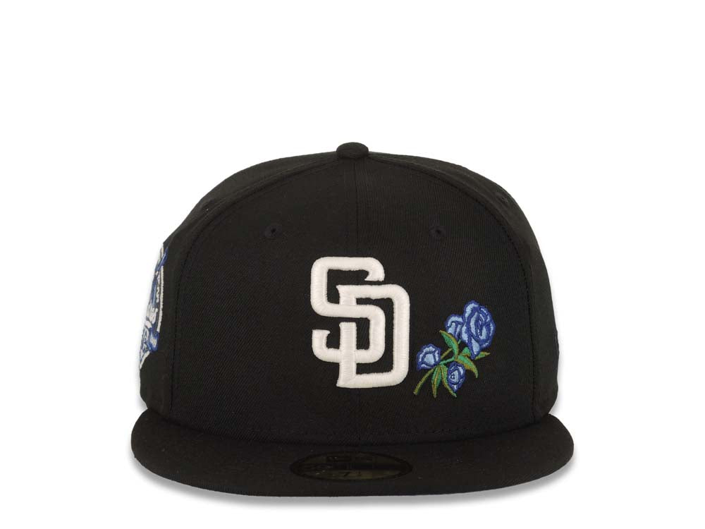 San Diego Padres New Era MLB 59FIFTY 5950 Fitted Cap Hat Black Crown/Visor White Logo With Rose 40th Anniversary Side Patch Sky Blue UV
