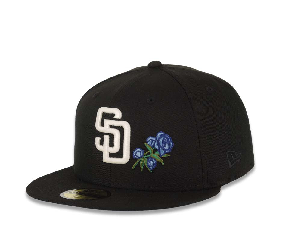 San Diego Padres New Era MLB 59FIFTY 5950 Fitted Cap Hat Black Crown/Visor White Logo With Rose 40th Anniversary Side Patch Sky Blue UV