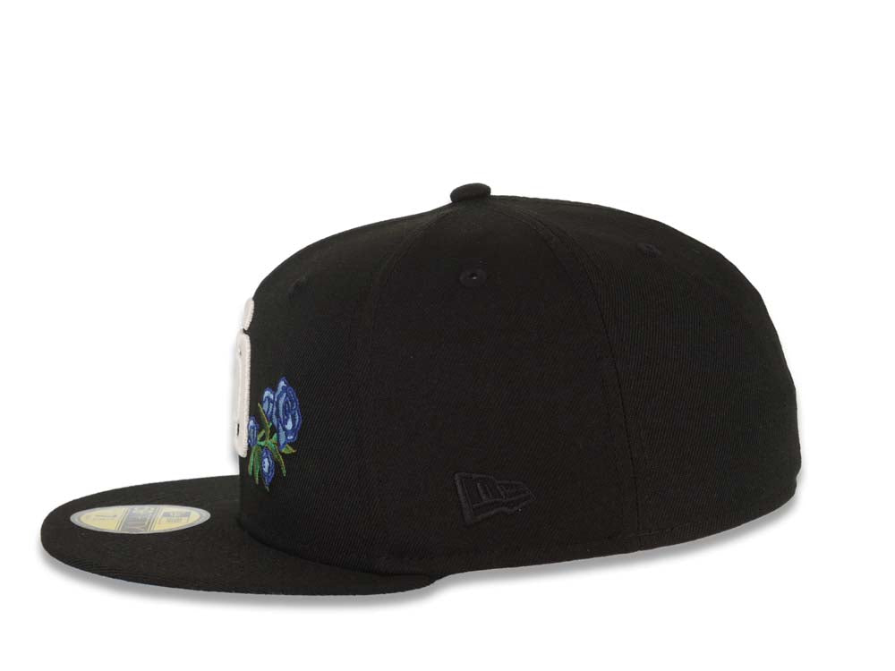 San Diego Padres New Era MLB 59FIFTY 5950 Fitted Cap Hat Black Crown/Visor White Logo With Rose 40th Anniversary Side Patch Sky Blue UV