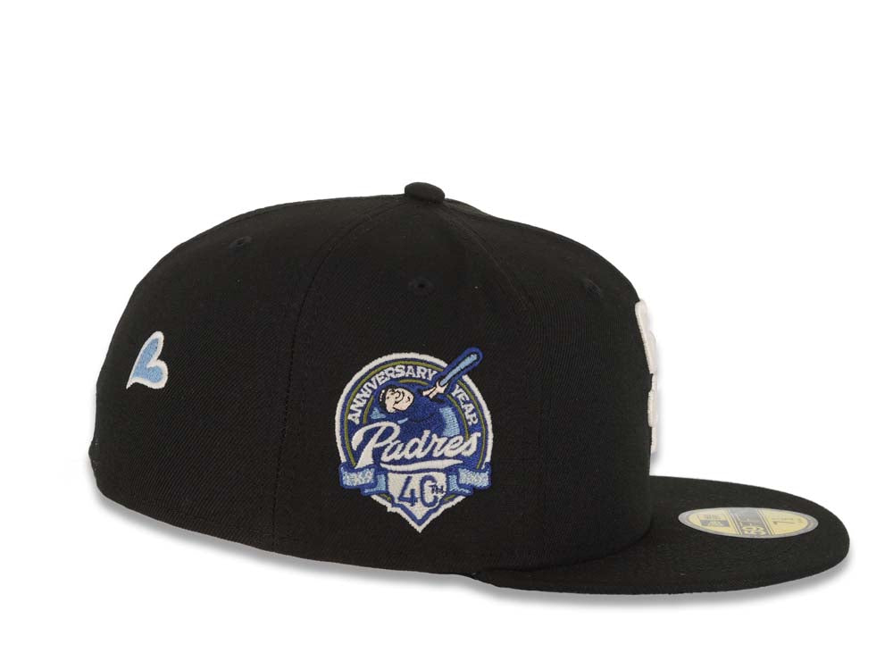 San Diego Padres New Era MLB 59FIFTY 5950 Fitted Cap Hat Black Crown/Visor White Logo With Rose 40th Anniversary Side Patch Sky Blue UV