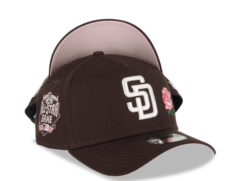 San Diego Padres New Era MLB 9FORTY 940 Adjustable A-Frame Cap Hat Dark Brown Crown/Visor White Logo With Rose 2016 All-Star Game Side Patch Pink UV