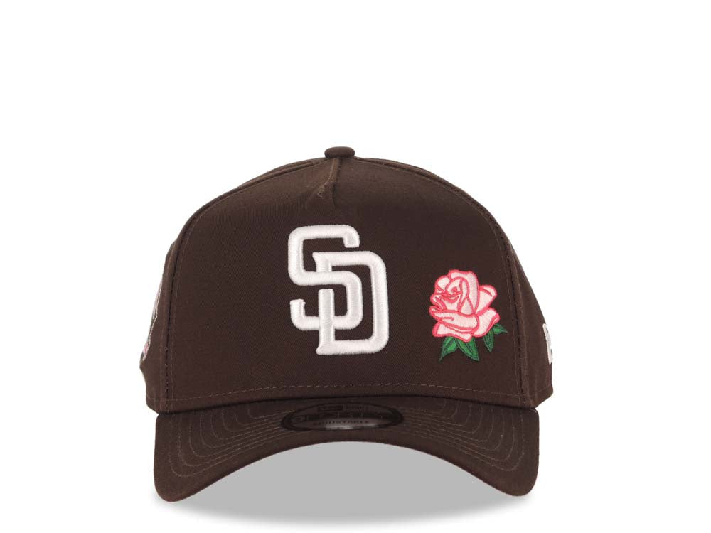 San Diego Padres New Era MLB 9FORTY 940 Adjustable A-Frame Cap Hat Dark Brown Crown/Visor White Logo With Rose 2016 All-Star Game Side Patch Pink UV