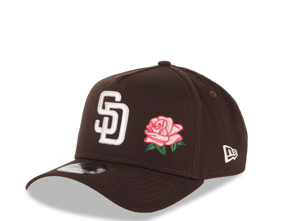 San Diego Padres New Era MLB 9FORTY 940 Adjustable A-Frame Cap Hat Dark Brown Crown/Visor White Logo With Rose 2016 All-Star Game Side Patch Pink UV