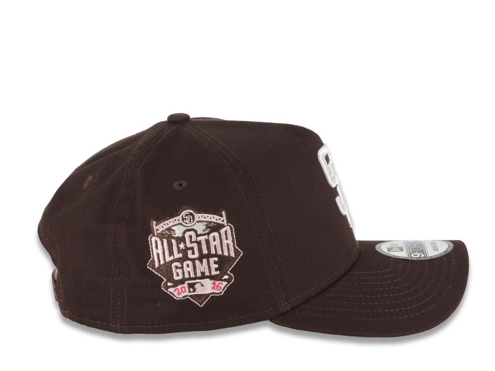 San Diego Padres New Era MLB 9FORTY 940 Adjustable A-Frame Cap Hat Dark Brown Crown/Visor White Logo With Rose 2016 All-Star Game Side Patch Pink UV