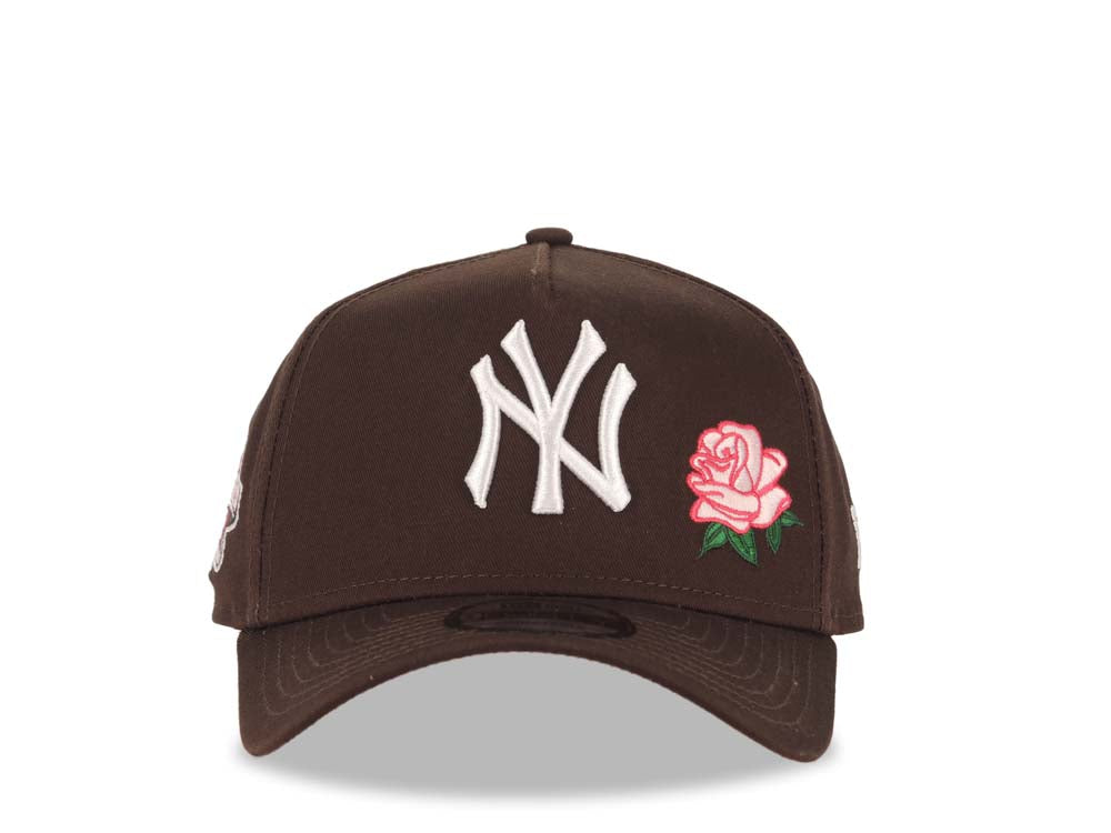 New York Yankees New Era MLB 9FORTY 940 A-Frame Adjustable Cap Hat Dark Brown Crown/Visor White Logo With Rose 2001 World Series Side Patch Pink UV