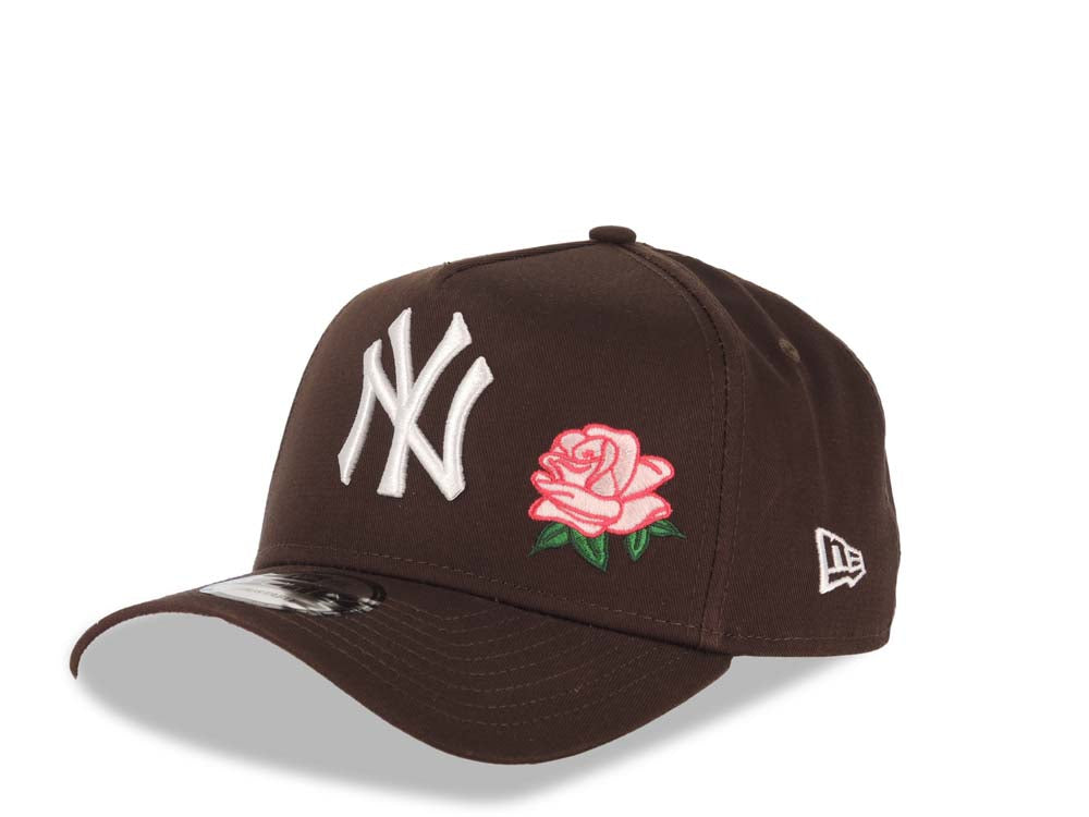 New York Yankees New Era MLB 9FORTY 940 A-Frame Adjustable Cap Hat Dark Brown Crown/Visor White Logo With Rose 2001 World Series Side Patch Pink UV