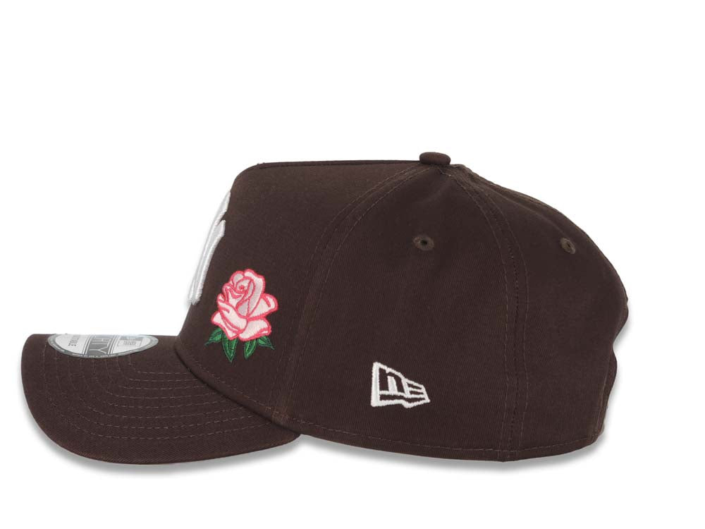 New York Yankees New Era MLB 9FORTY 940 A-Frame Adjustable Cap Hat Dark Brown Crown/Visor White Logo With Rose 2001 World Series Side Patch Pink UV