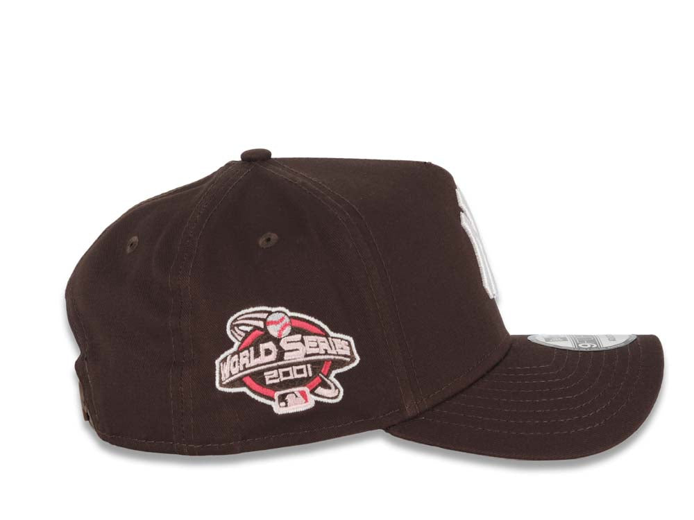 New York Yankees New Era MLB 9FORTY 940 A-Frame Adjustable Cap Hat Dark Brown Crown/Visor White Logo With Rose 2001 World Series Side Patch Pink UV