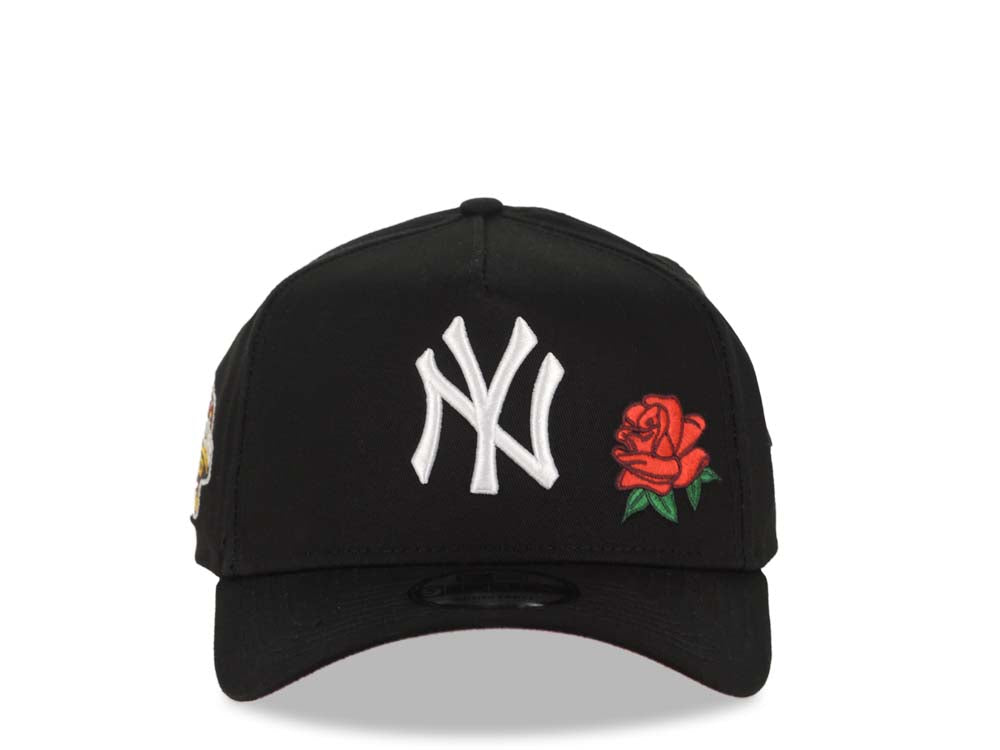 New York Yankees New Era MLB 9FORTY 940 Adjustable A-Frame Cap Hat Black Crown/Visor White Logo With Rose 2001 World Series Side Patch Red UV