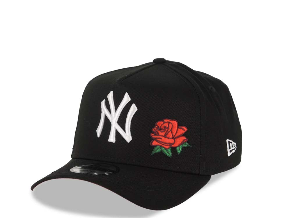 New York Yankees New Era MLB 9FORTY 940 Adjustable A-Frame Cap Hat Black Crown/Visor White Logo With Rose 2001 World Series Side Patch Red UV
