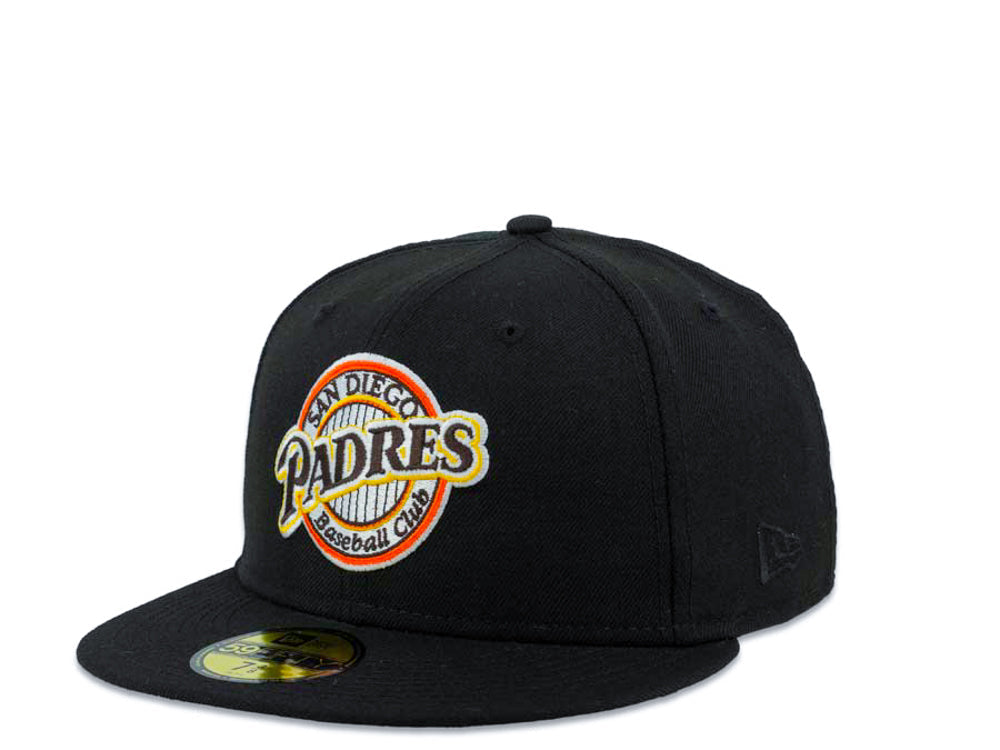 (Youth) San Diego Padres New Era MLB 59FIFTY 5950 Kid Fitted Cap Hat Black Crown/Visor Brown/Yellow Baseball Club Logo 1992 All-Star Game Side Patch