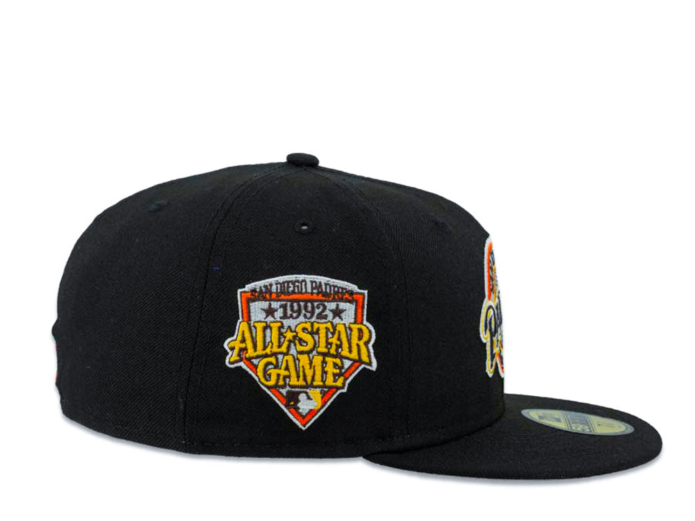 (Youth) San Diego Padres New Era MLB 59FIFTY 5950 Kid Fitted Cap Hat Black Crown/Visor Brown/Yellow Baseball Club Logo 1992 All-Star Game Side Patch