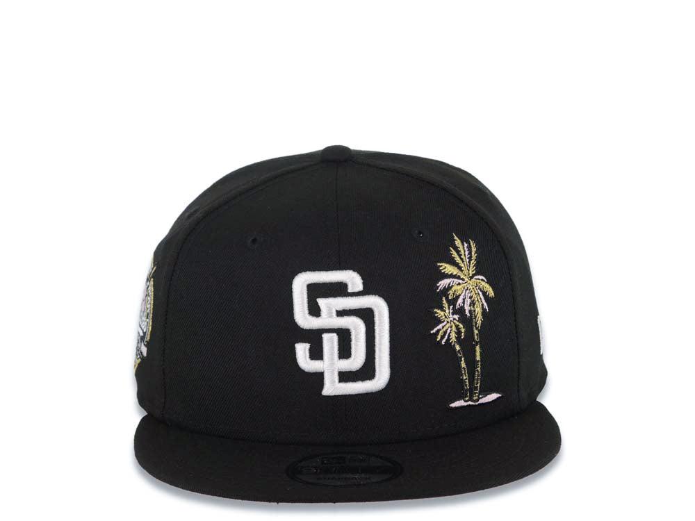 San Diego Padres New Era MLB 9FIFTY 950 Snapback Cap Hat Black Crown/Visor White Logo With Palm Tree 40th Anniversary Side Patch Pink UV