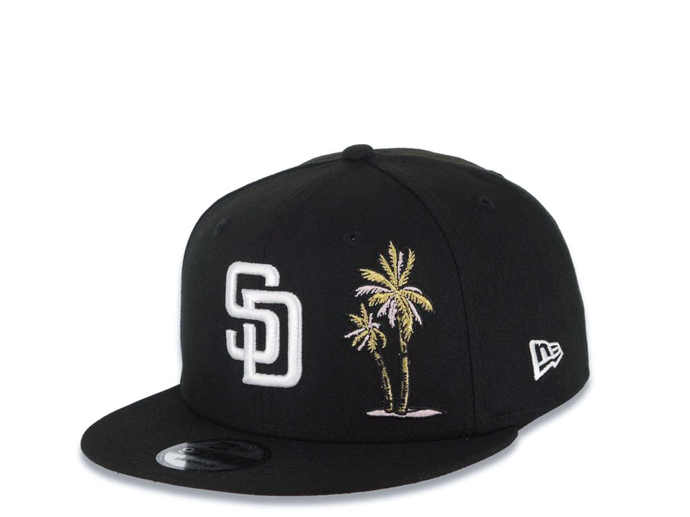 San Diego Padres New Era MLB 9FIFTY 950 Snapback Cap Hat Black Crown/Visor White Logo With Palm Tree 40th Anniversary Side Patch Pink UV