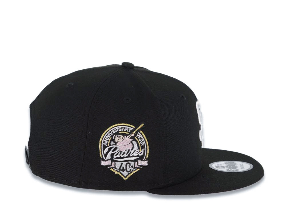 San Diego Padres New Era MLB 9FIFTY 950 Snapback Cap Hat Black Crown/Visor White Logo With Palm Tree 40th Anniversary Side Patch Pink UV