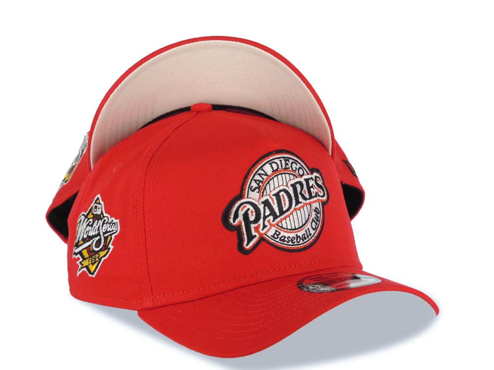 San Diego Padres New Era MLB 9FORTY 940 Adjustable A-Frame Cap Hat Red Crown/Visor Black/Metallic Red Baseball Club Logo 1998 World Series Side Patch Cream UV