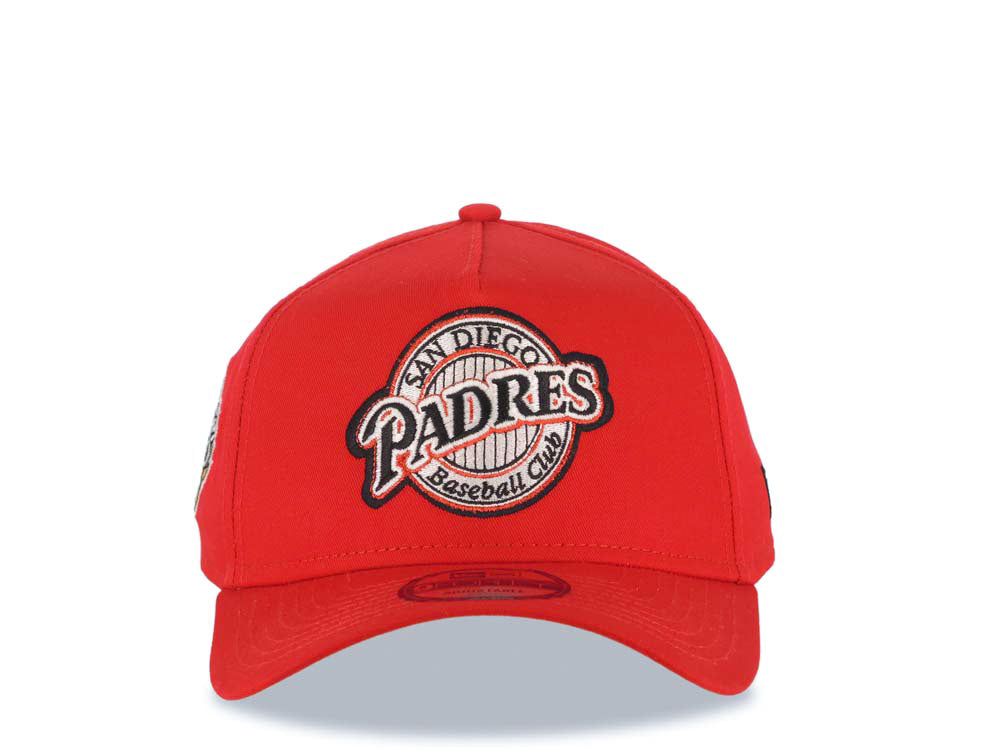 San Diego Padres New Era MLB 9FORTY 940 Adjustable A-Frame Cap Hat Red Crown/Visor Black/Metallic Red Baseball Club Logo 1998 World Series Side Patch Cream UV