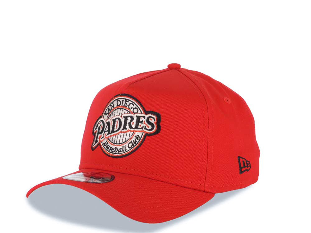 San Diego Padres New Era MLB 9FORTY 940 Adjustable A-Frame Cap Hat Red Crown/Visor Black/Metallic Red Baseball Club Logo 1998 World Series Side Patch Cream UV