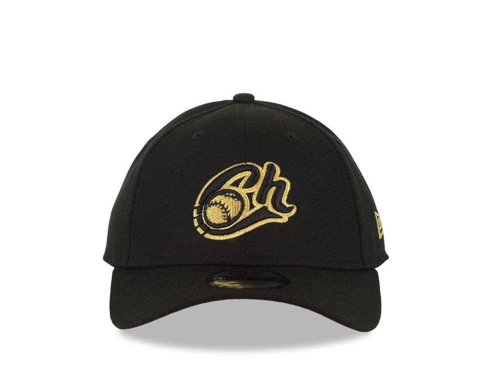 Charros de Jalisco New Era LMP 9FORTY 940 Adjustable Cap Hat Black Crown/Visor Black/Metallic Gold Logo Gray UV