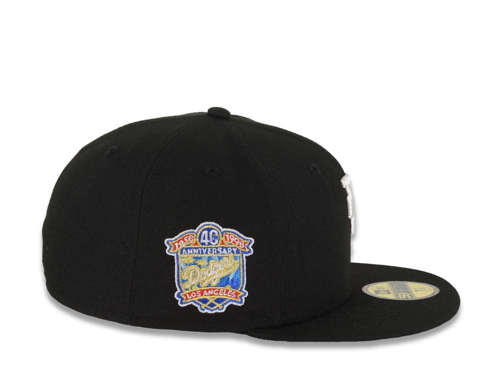 Los Angeles Dodgers New Era MLB 59FIFTY 5950 Fitted Cap Hat Black Crown/Visor White Upside Down Logo 40th Anniversary Side Patch Green UV