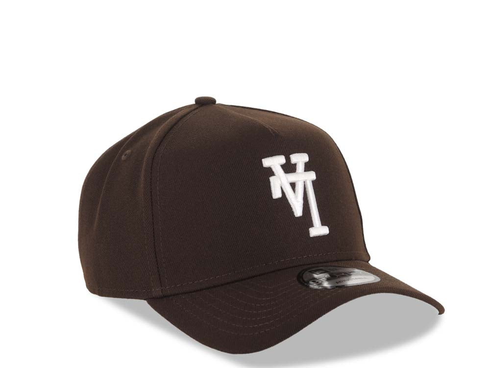 Los Angeles Dodgers New Era MLB 9FORTY 940 Adjustable A-Frame Cap Hat Dark Brown Crown/Visor White Upside Down Logo Gray UV