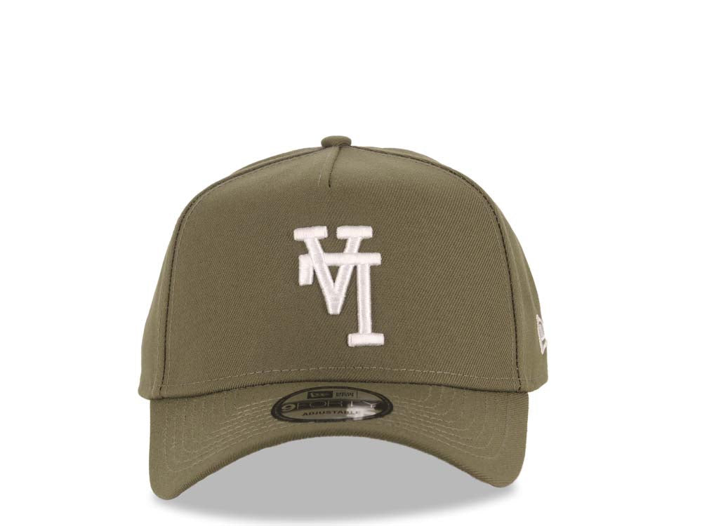 Los Angeles Dodgers New Era MLB 9FORTY 940 Adjustable A-Frame Cap Hat Olive Green Crown/Visor White Upside Down Logo Gray UV
