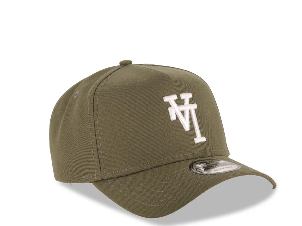 Los Angeles Dodgers New Era MLB 9FORTY 940 Adjustable A-Frame Cap Hat Olive Green Crown/Visor White Upside Down Logo Gray UV