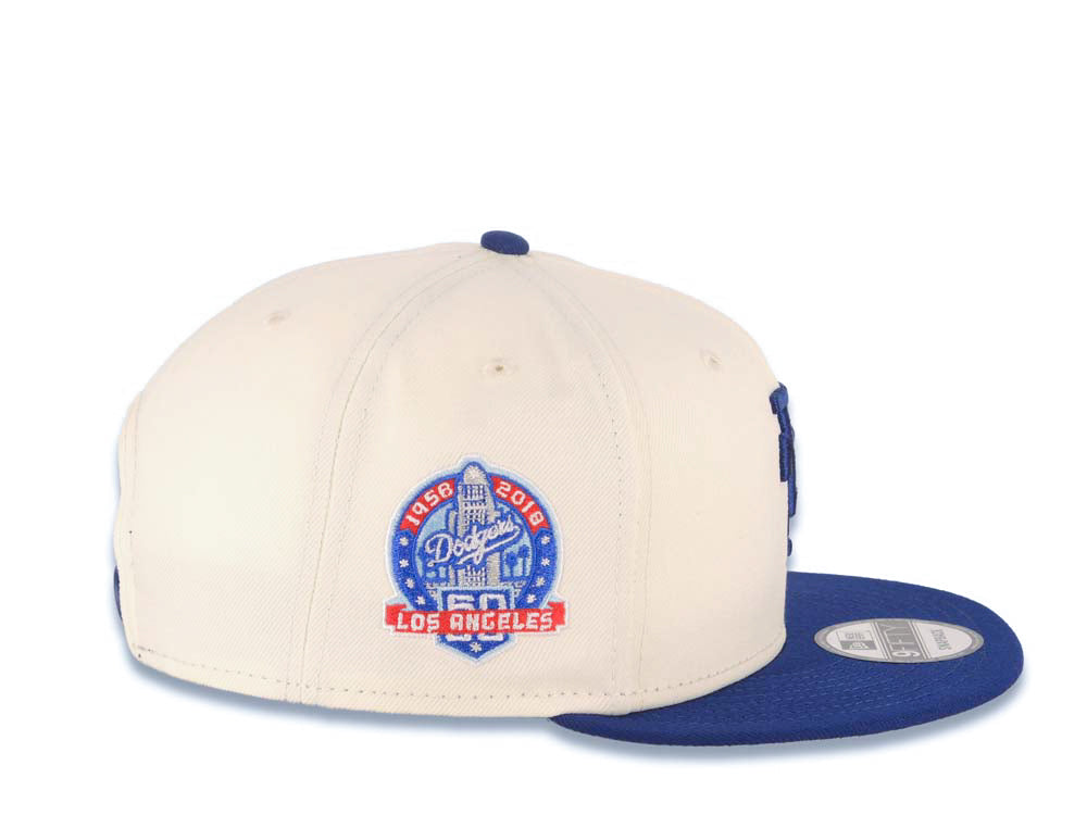 Los Angeles Dodgers New Era MLB 9FIFTY 950 Snapback Cap Hat Cream Crown/Visor Navy Upside Down Logo 60th Anniversary Side Patch Gray UV