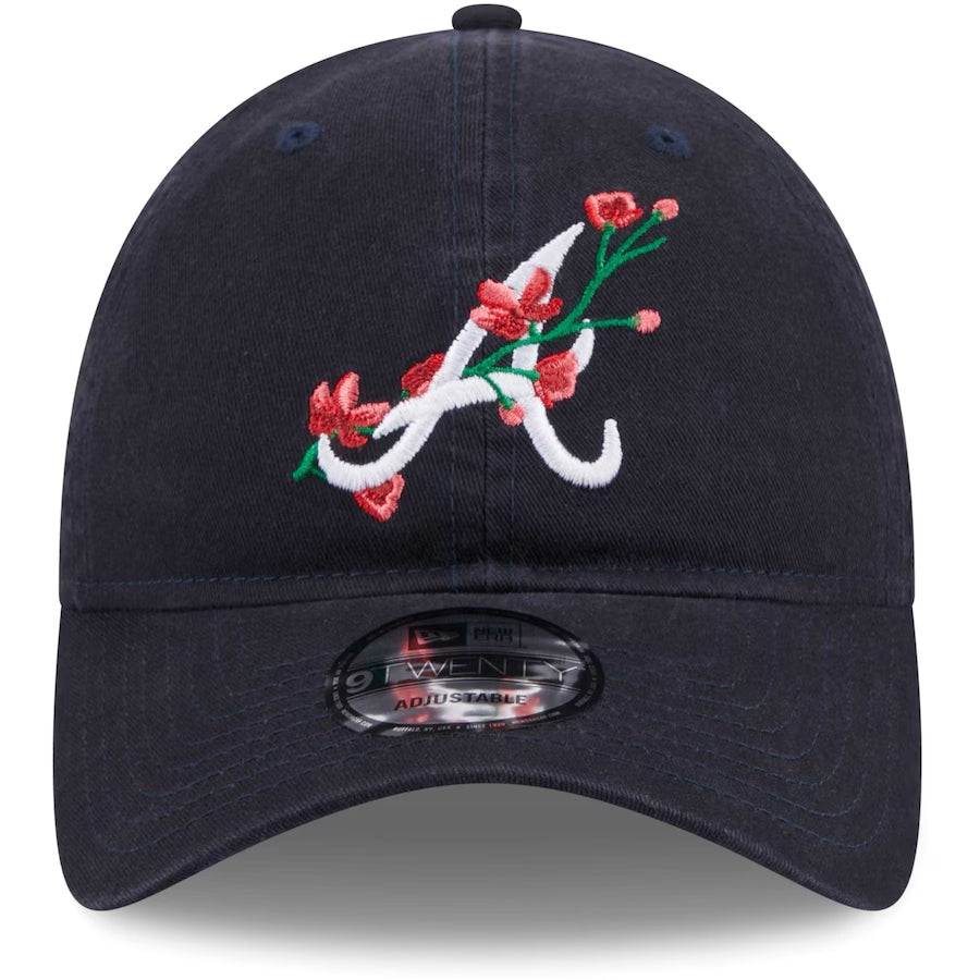 Atlanta Braves New Era MLB 9TWENTY 920 Adjustable Cap Hat Navy Blue Crown/Visor White Logo (Game Day Bloom Flower)