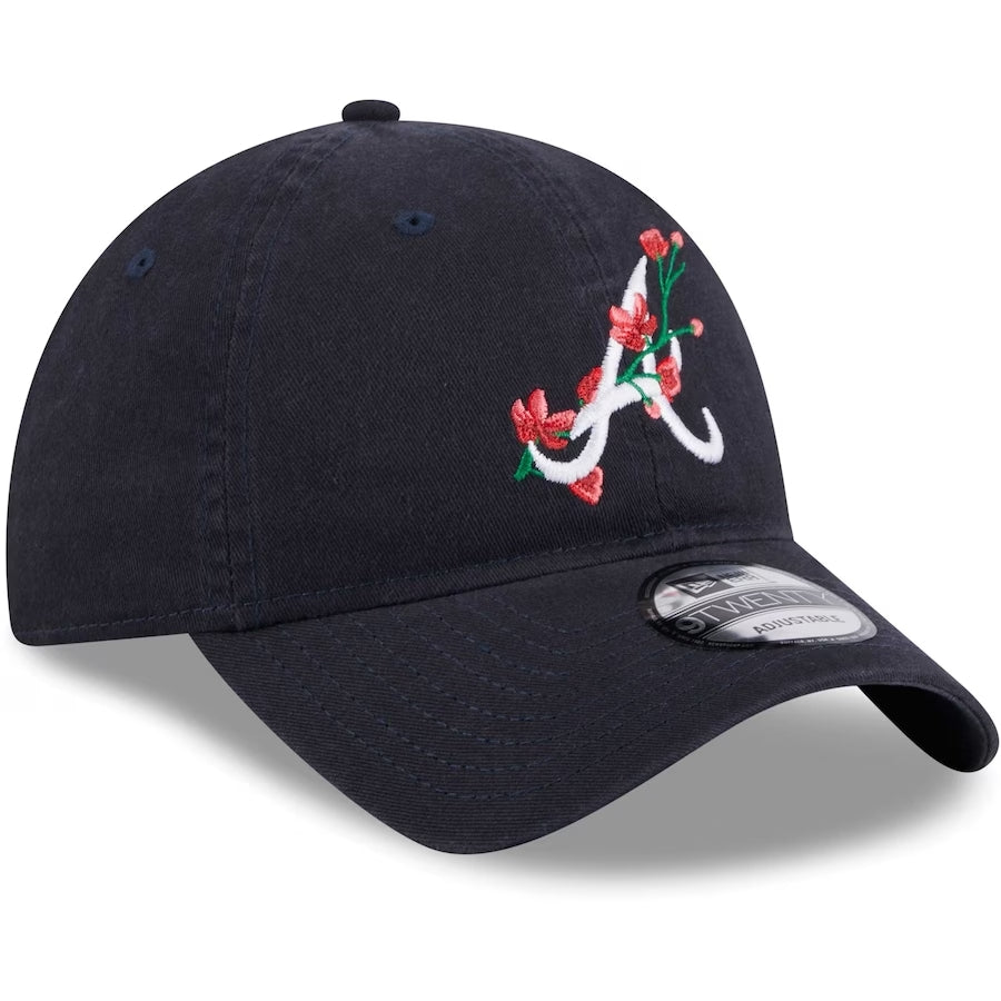 Atlanta Braves New Era MLB 9TWENTY 920 Adjustable Cap Hat Navy Blue Crown/Visor White Logo (Game Day Bloom Flower)
