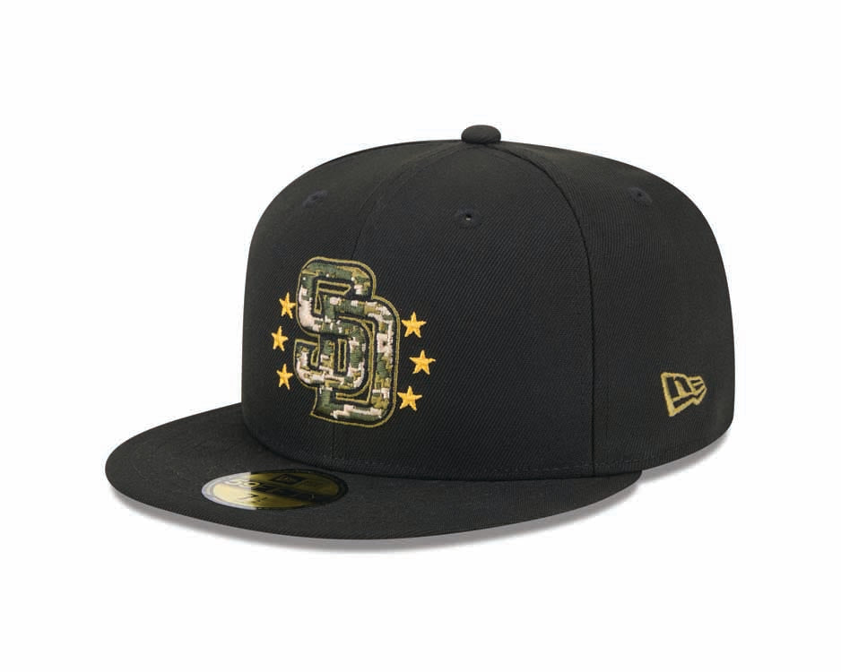 (Youth) San Diego Padres New Era MLB 59FIFTY 5950 Kid Fitted Cap Hat Black Crown/Visor Camo Logo Olive Green UV (2024 Armed Forces Day)