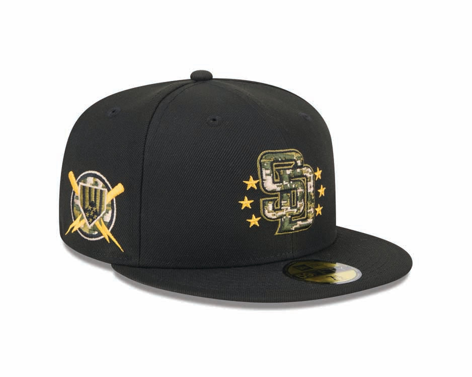 (Youth) San Diego Padres New Era MLB 59FIFTY 5950 Kid Fitted Cap Hat Black Crown/Visor Camo Logo Olive Green UV (2024 Armed Forces Day)