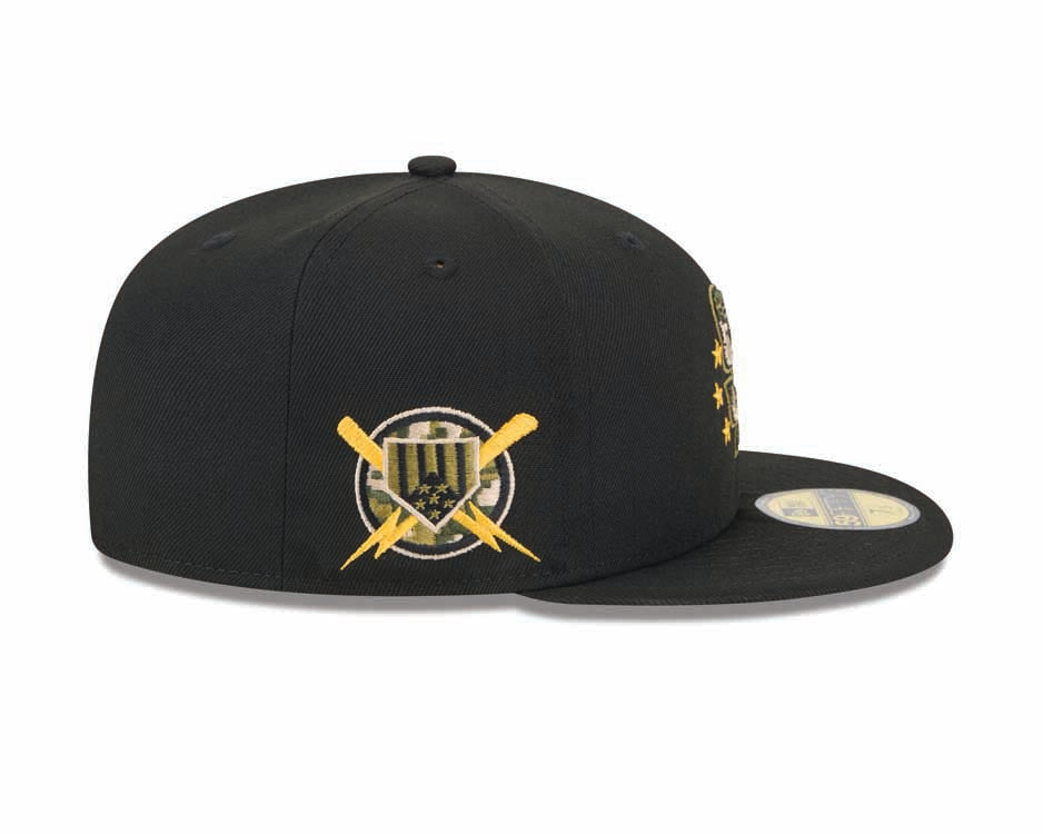 (Youth) San Diego Padres New Era MLB 59FIFTY 5950 Kid Fitted Cap Hat Black Crown/Visor Camo Logo Olive Green UV (2024 Armed Forces Day)