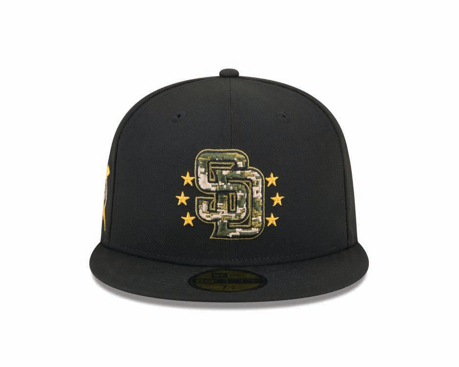 San Diego Padres New Era MLB 59FIFTY 5950 Fitted Cap Hat Black Crown/Visor Camo Logo Olive Green UV (2024 Armed Forces Day)