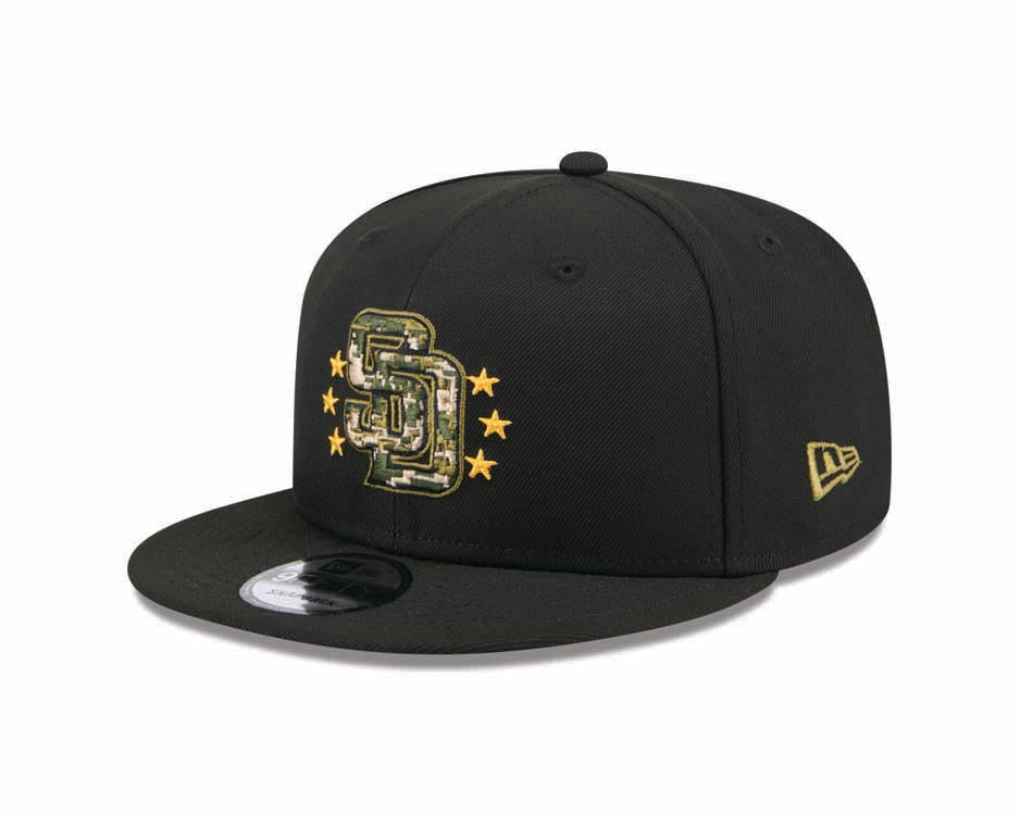 San Diego Padres New Era MLB 9FIFTY 950 Snapback Cap Hat Black Crown/Visor Camo Logo Camo Olive Green UV (2024 Armed Forces Day)