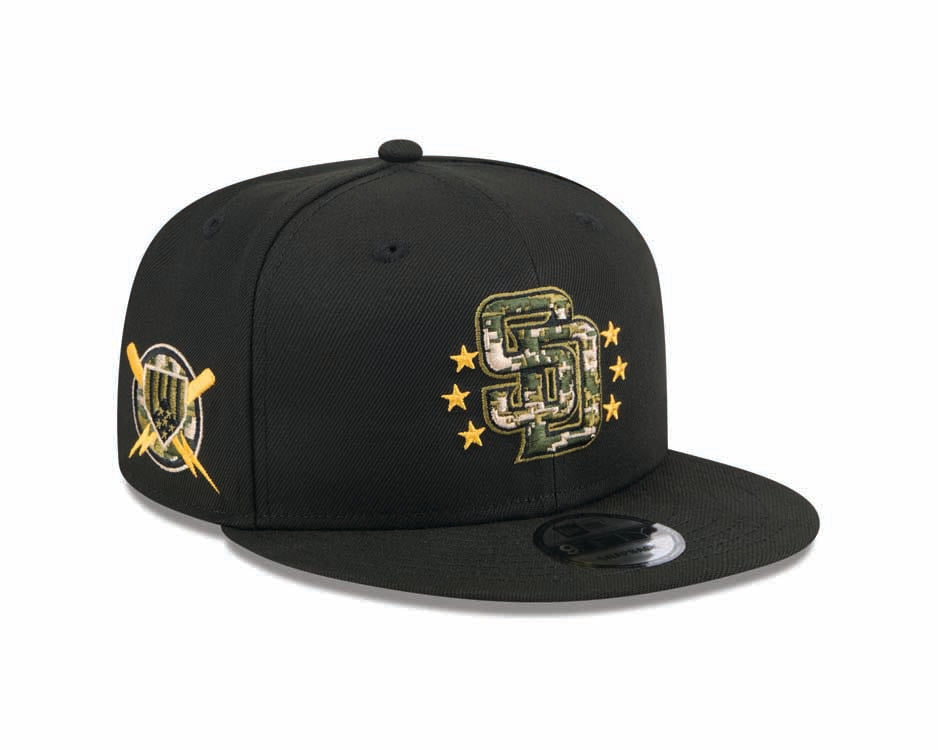 San Diego Padres New Era MLB 9FIFTY 950 Snapback Cap Hat Black Crown/Visor Camo Logo Camo Olive Green UV (2024 Armed Forces Day)