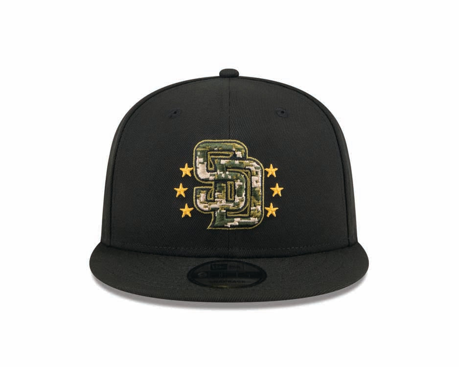 San Diego Padres New Era MLB 9FIFTY 950 Snapback Cap Hat Black Crown/Visor Camo Logo Camo Olive Green UV (2024 Armed Forces Day)