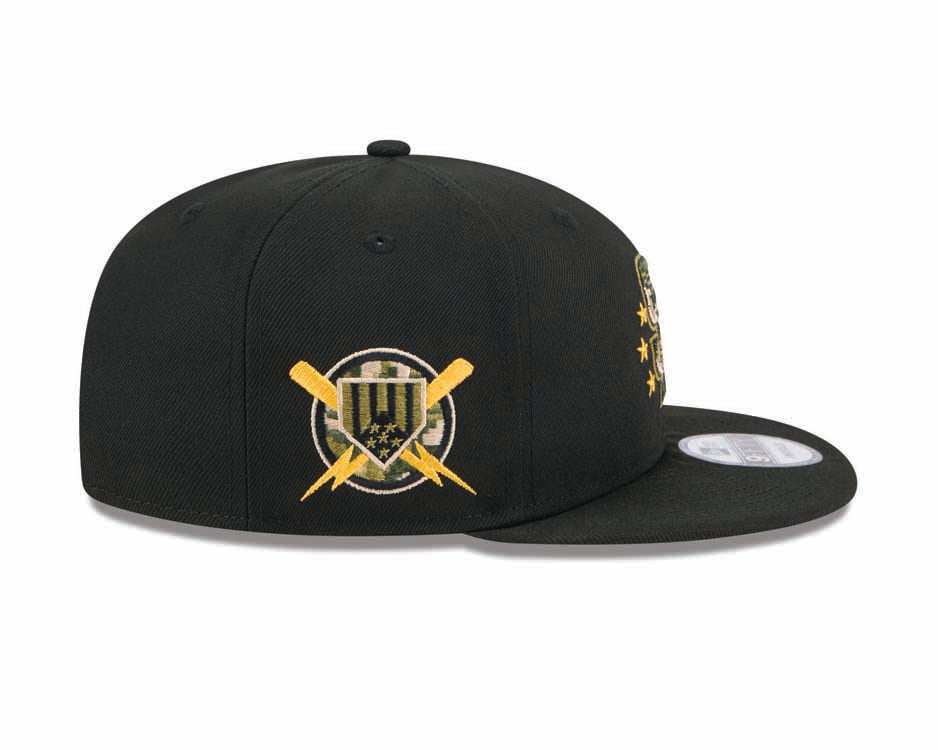 San Diego Padres New Era MLB 9FIFTY 950 Snapback Cap Hat Black Crown/Visor Camo Logo Camo Olive Green UV (2024 Armed Forces Day)